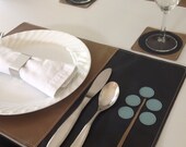 Leather Placemat, light brown and midnight blue with modern light blue tree, Reversible with solid light brown on the other side