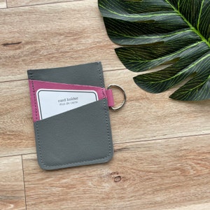 Leather Angular Card holder with 3 slots, holds up to 12 plastic cards, grey and pink