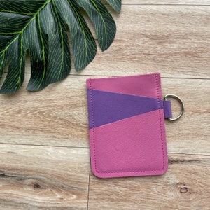 Leather Angular Card holder with 3 slots, holds up to 12 plastic cards, pink and purple image 1