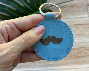 Mustache Keychain, Round Key Fob, Genuine Leather Key Fob