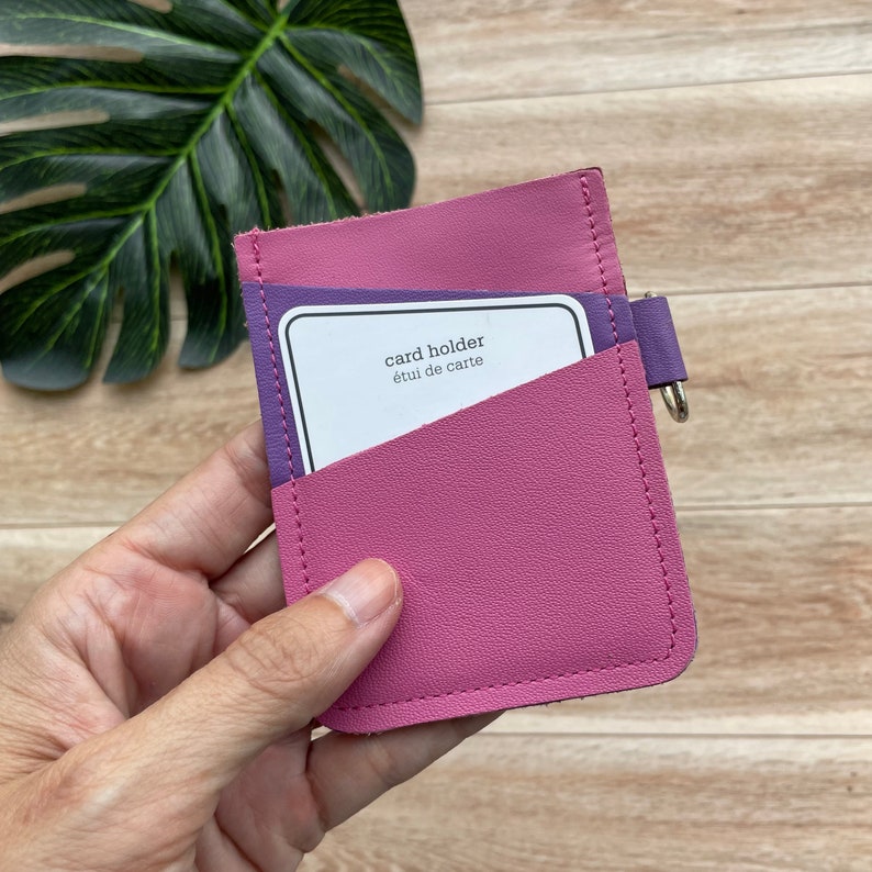 Leather Angular Card holder with 3 slots, holds up to 12 plastic cards, pink and purple image 3