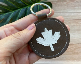 Leather Keychain, Brown with Maple Leaf, Genuine Leather Key Fob