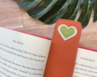 Leather Bookmark with Heart Design, Orange and Green