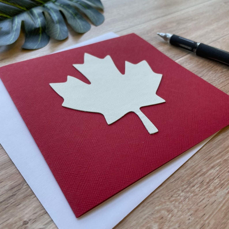 Canada Maple Leaf Card, Blank inside, for any Occasion, Handmade with Leather Applique, Birthday Card, Greeting Card, Unique Card, flag card image 4
