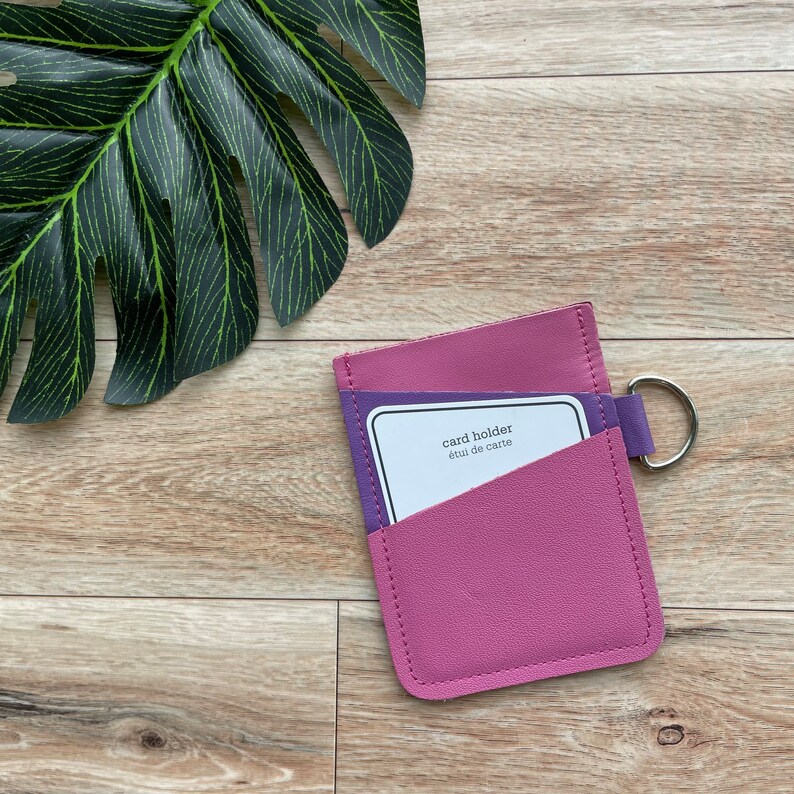 Leather Angular Card holder with 3 slots, holds up to 12 plastic cards, pink and purple image 5