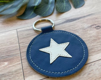 Leather Star Keychain, Circle Shape, Genuine Leather Key Fob