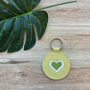 Leather Keychain, Yellow with Heart Design, Genuine Leather Key Fob