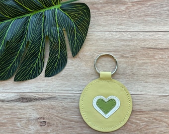 Leather Keychain, Yellow with Heart Design, Genuine Leather Key Fob