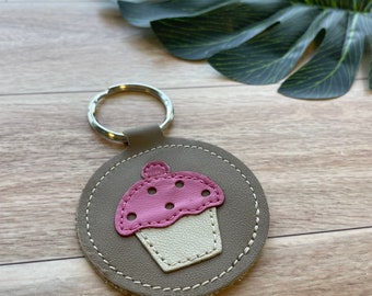 Leather Keychain, Brown and Pink with Cupcake Design, Genuine Leather Key Fob