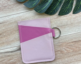 Leather Angular Card holder with 3 slots, holds up to 12 plastic cards, pink card case