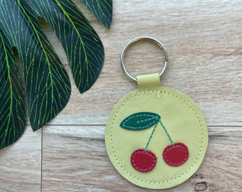 Leather Keychain, Yellow with Cherries Design, Genuine Leather Key Fob