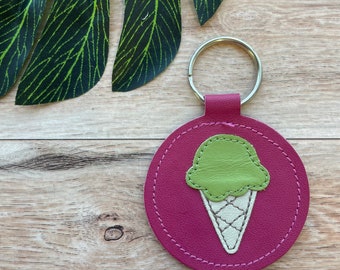Ice Cream Cone Keychain, Genuine Leather Key Fob