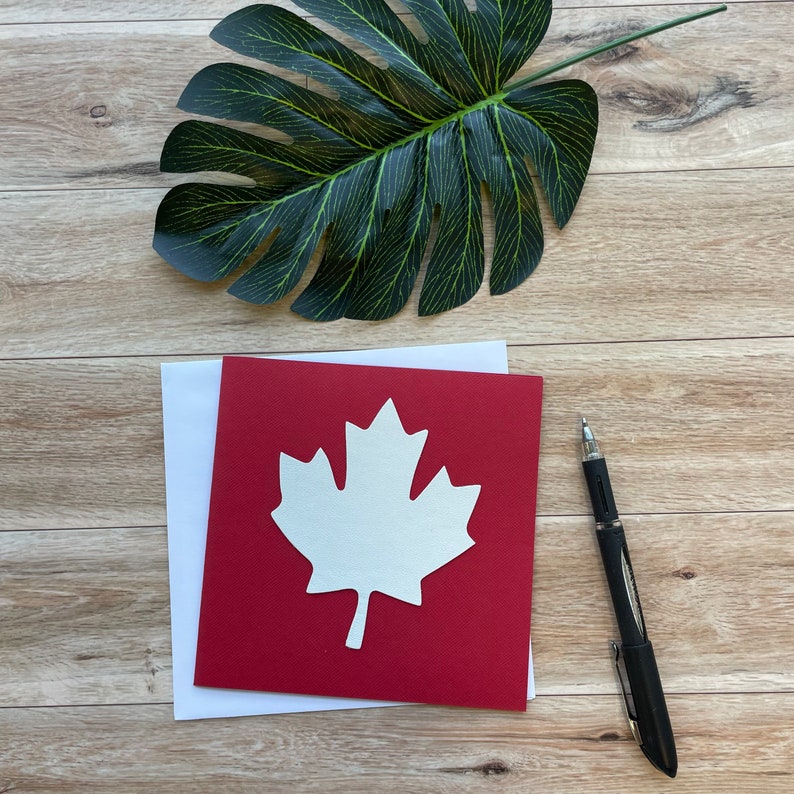 Canada Maple Leaf Card, Blank inside, for any Occasion, Handmade with Leather Applique, Birthday Card, Greeting Card, Unique Card, flag card image 1