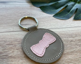 Leather Keychain, Brown with Pink Bow Design, Genuine Leather Key Fob
