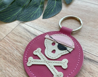 Leather Keychain with Pirate Skull and Crossbones, Genuine Leather Key Fob