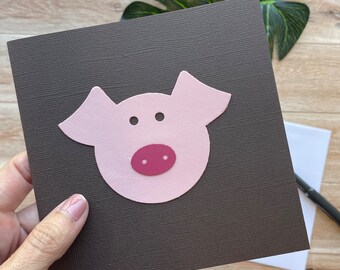 Pig Art Card, Blank inside, Great for any Occasion, Handmade with Leather Applique, Birthday Card, Greeting Card, Unique Card, Kids Card