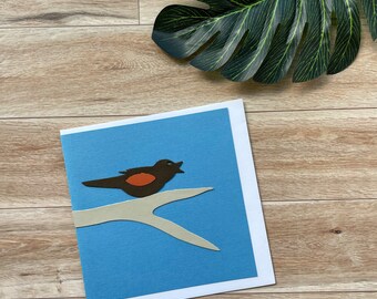 Bird on Branch Art Card for any Occasion, Blank Inside, made with Leather Applique, Birthday Card, Greeting Card, Cute Card, Kid / Baby Card