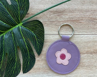 Leather Keychain with Pink Flower, Genuine Leather Key Fob