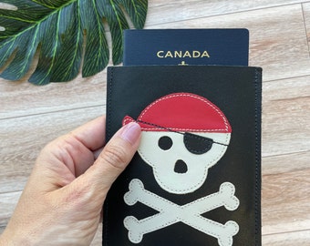 Leather Passport Case, Sleeve Style, Fits USA or Canada Passports, pirate skull and crossbones design