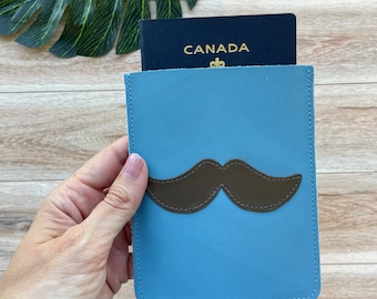 Leather Passport Case, Sleeve Style, Fits USA or Canada Passports, blue with brown mustache design