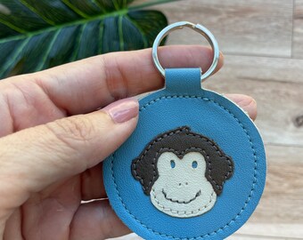 Monkey Keychain in Blue, Genuine Leather Key Fob