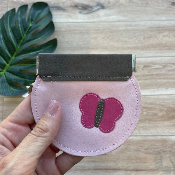 Leather Coin Purse with Butterfly Design, Round Coin Purse, Snap Purse, Flex Frame Pinch Purse, Circle Shape Purse