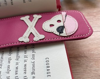 Leather bookmark with pirate skull / crossbones design, pink