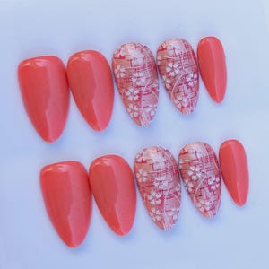 Coral Nails with Peach and White Flower Spring/Summer Press on Nails Custom Handmade Reusable Gel X False Fake Nails
