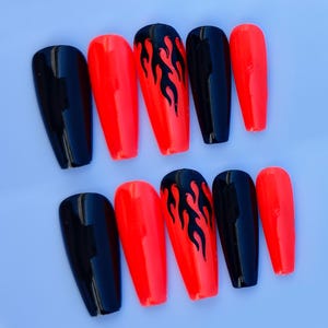 Flame Nails Neon Orange and Black Nails with Flames Custom Handmade Press on Nails Reusable Gel X Glue on Stick on Fake Nails