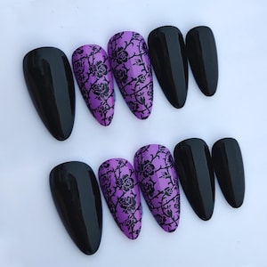 Purple & Black Rose Press On Nails: Custom Handmade Gel X Nails