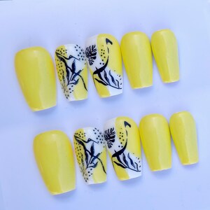 Yellow Nails with Black Leaves Spring/Summer Press on Nails Custom Handmade Reusable Gel X False Fake Nails
