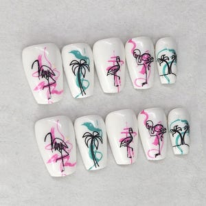 Tropical Flamingo Palm Tree Summer Press on Nails Custom Handmade Full Cover Fake Glue on Gel Nails