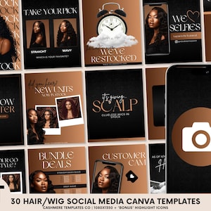 30 szablonów Canva do mediów społecznościowych dla włosów Edytowalne posty na Instagramie dla perukarzy, stylistów, firm zajmujących się przedłużaniem włosów, ulotek marketingowych