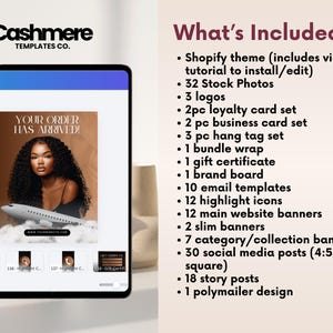 Może przedstawiać: Tablet cyfrowy wyświetlający zestaw brandingowy Cashmere Templates Co. z podglądem baneru strony internetowej przedstawiającym osobę i samolot. Lista tekstowa zawiera motyw Shopify, 32 zdjęcia stockowe, 3 logotypy, zestawy kart, banery i szablony post&oacute;w.