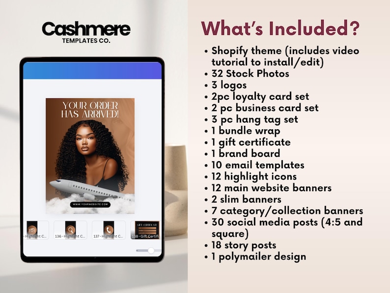 Może przedstawiać: Tablet cyfrowy wyświetlający zestaw brandingowy Cashmere Templates Co. z podglądem baneru strony internetowej przedstawiającym osobę i samolot. Lista tekstowa zawiera motyw Shopify, 32 zdjęcia stockowe, 3 logotypy, zestawy kart, banery i szablony post&oacute;w.