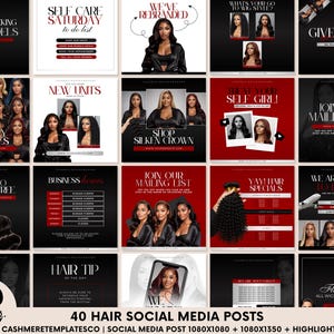 Op de afbeelding: Een verzameling van 40 social media posts voor haarbedrijven. De posts hebben een zwart-rood kleurenschema met verschillende tekstoverlays, waaronder zinnen als "Hair Models" en "Flash Sale". De afbeelding bevat een logo en website-informatie.