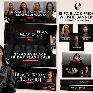 Puede incluir: Imagen promocional con banners de sitio web de Black Friday. Los banners muestran varios estilos de pelucas y ofertas, con texto como "Black Friday Best Sellers" y "24-Hour Black Friday Flash Sale". La imagen incluye modelos y un reloj.