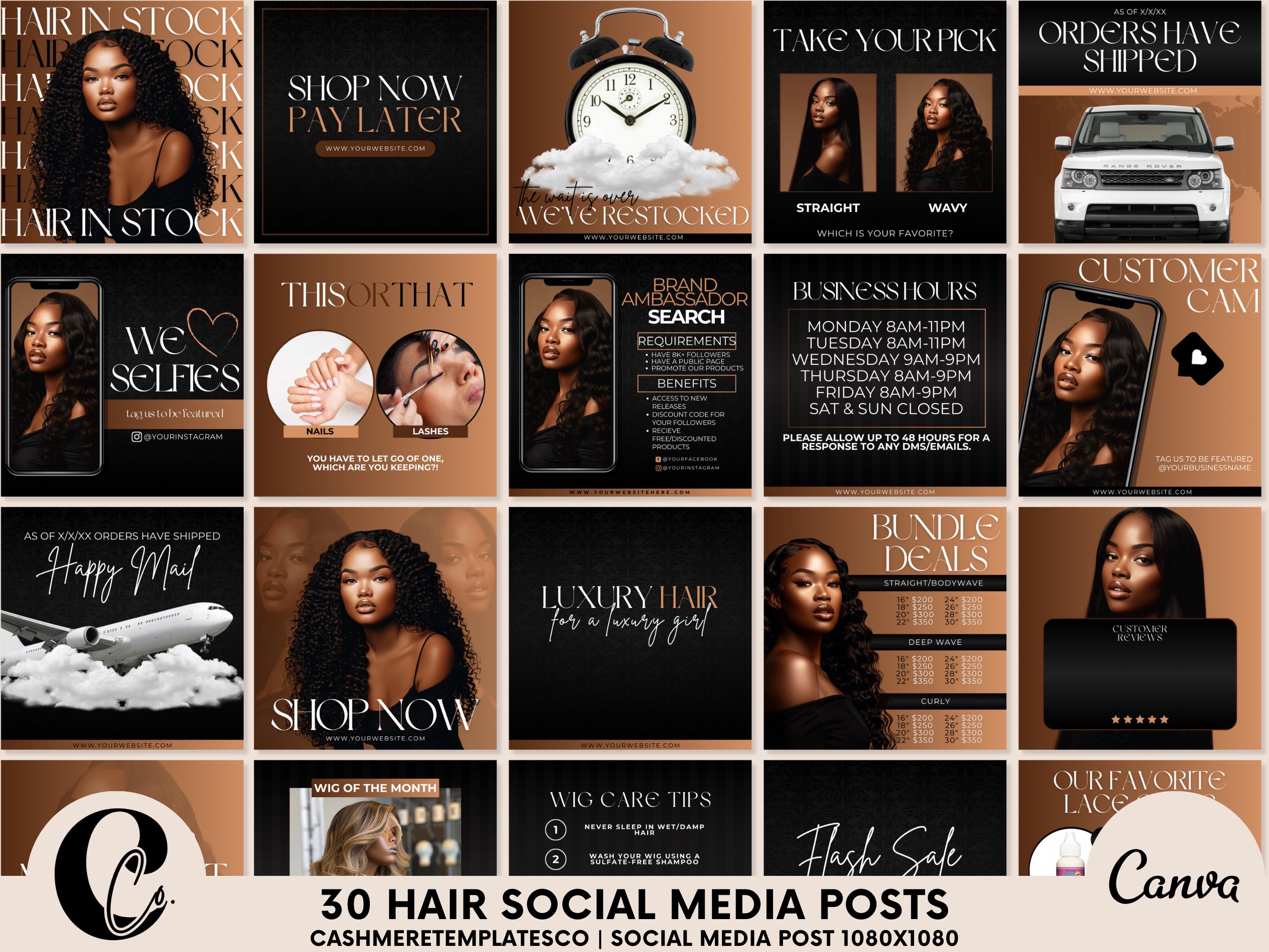 30 Hair Social Media Canva Templates Editable Instagram Posts for Wig ...