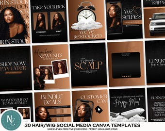 May include: A collection of 30 hair and wig social media Canva templates. The templates feature images of women with various hairstyles, along with text such as "Hair in Stock," "Bundle Deals," and "Happy Mail." The color scheme is black, brown, and gold.