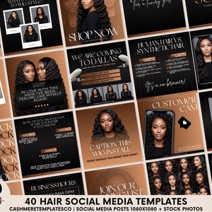 Puede incluir: Un conjunto de 40 plantillas de redes sociales para cabello con un esquema de color negro y marrón. Las plantillas presentan imágenes de mujeres con varios peinados, junto con texto que promociona paquetes de cabello, pelucas y extensiones de cabello. El texto incluye frases como "Shop Now" y "Customer Cam".