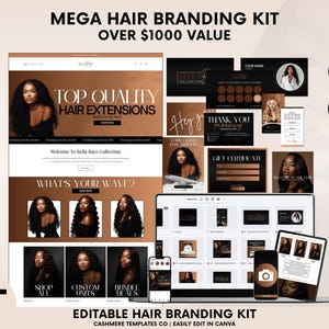 May include: A digital branding kit for hair businesses featuring a website layout, business cards, thank you notes, gift certificates, and social media templates. The design uses a black and bronze color palette with text including MEGA HAIR BRANDING KIT.