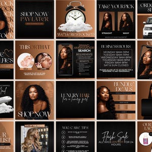 30 Hair Social Media Canva Templates Editable Instagram Posts for Wig Makers, Stylists Hair Extensions Business Marketing Flyers - BR1