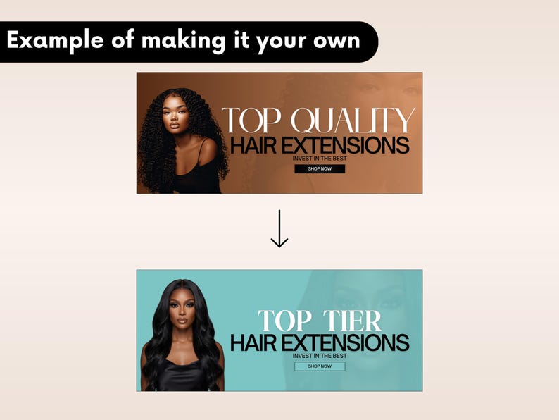 Może przedstawiać: Cyfrowy szablon banera przedstawiający dwa warianty reklam przedłużania włos&oacute;w. G&oacute;rny panel ma brązowe tło z napisem TOP QUALITY HAIR EXTENSIONS INVEST IN THE BEST SHOP NOW. Dolny panel jest turkusowy z napisem TOP TIER HAIR EXTENSIONS INVEST IN THE BEST SHOP NOW.