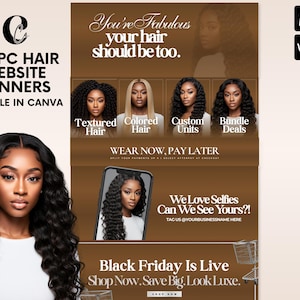 May include: A hair product promotional banner with the text "You're Fabulous, your hair should be too." and images of different hair styles. The banner also includes the text "20 PC HAIR WEBSITE BANNERS EDITABLE IN CANVA."