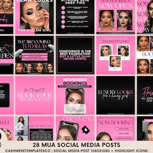 Puede incluir: Un conjunto de 28 publicaciones de redes sociales MUA en rosa y negro, que presentan looks de belleza, información de reservas y reseñas de clientes. Las publicaciones incluyen texto como "Bridal Looks", "Glam Looks" y "Flash Sale".