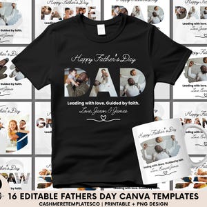 Könnte beinhalten: Schwarzes T-Shirt mit weißem Aufdruck "Happy Father's Day" und "DAD", mit Fotos in den Buchstaben. Eine weiße Tasse mit dem gleichen Design ist ebenfalls zu sehen. Das Bild ist von Vorlagen zum Vatertag umgeben.