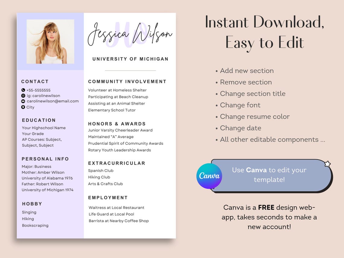 Purple Sorority Resume Template, Editable Canva Rush CV (digital ...