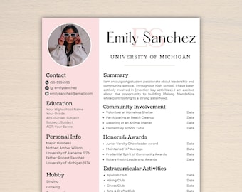 May include: A resume template with a pink and white color scheme. The resume includes sections for contact information, education, personal info, hobbies, and extracurricular activities. A photo of a person wearing glasses is in the upper left corner.