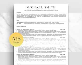 May include: A black and white resume template with the name Michael Smith at the top. The resume includes sections for Summary, Skills, Working Experiences, and Education. The resume is ATS friendly.