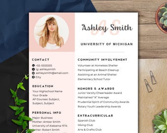 May include: A resume template with a photo of a woman with blonde hair. The resume includes sections for contact information, education, community involvement, honors and awards, and extracurricular activities. The name "Ashley Smith" is prominently displayed.